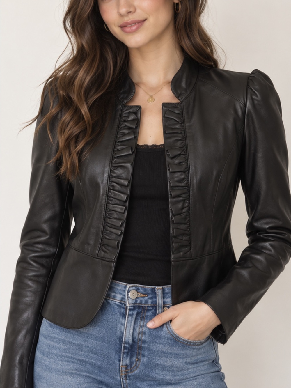 White House Black Market Black Ruffle-Trim Leather Jacket